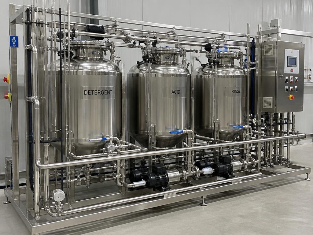 Cleaning in place skid with detergent, acid and rinse tanks