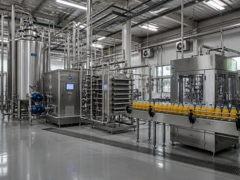 Fruit juice processing skid with tanks, pasteuriser and filling line