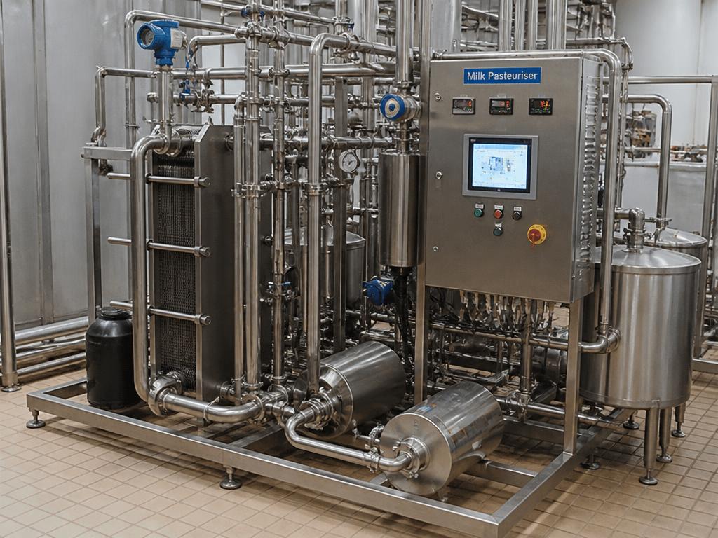 Milk pasteurisation skid with plate heat exchanger and control panel