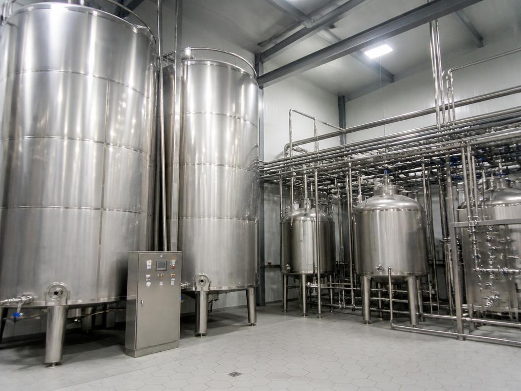 Stainless steel dairy silos and process tanks in a plant